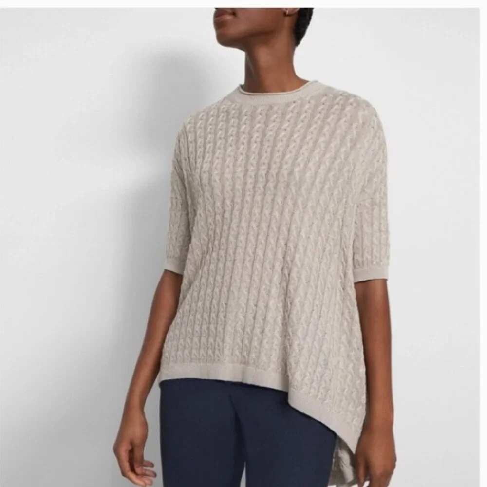 Theory Womens Beige Cable Knit Short Sleeve High-Low Oversized Sweater S